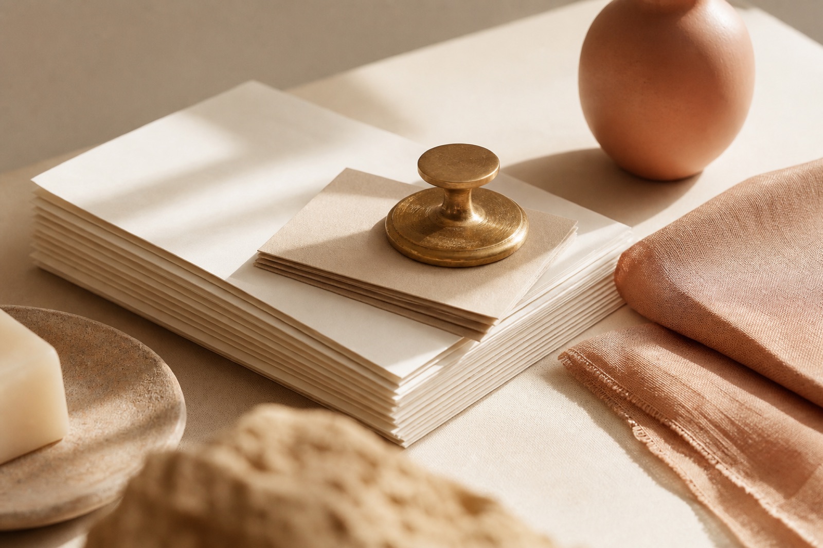A stack of printed pages held under a brass paperweight - the working behind each receipt, kept on file.