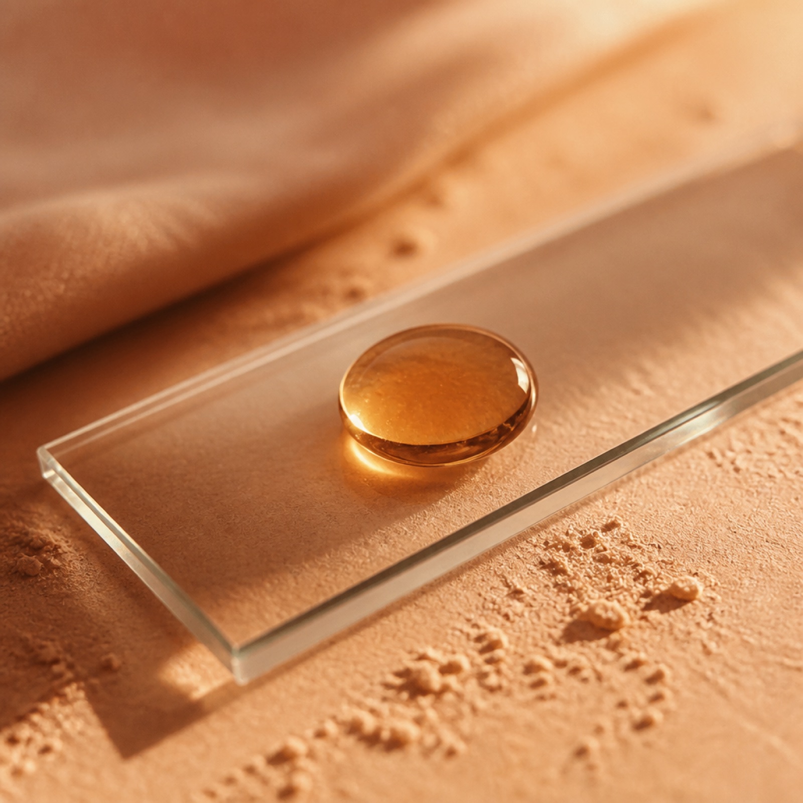A microscope slide holding an amber droplet under glass.